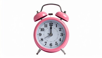 Pink analog alarm clock with twin bells and white face showing 10:10 against white background.