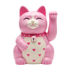 Pink 3D Maneki-neko lucky cat with raised paw, heart-decorated belly, glossy charm collar, symbolizing fortune, prosperity, positivity, cultural decor and good luck icon PNG