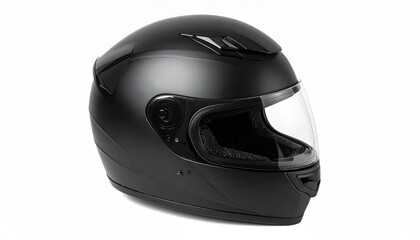 Fototapeta premium Glossy black full-face motorcycle helmet in profile view with clear visor and sleek design.