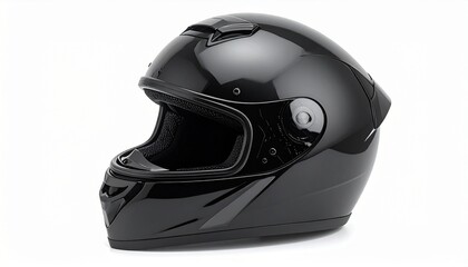 Fototapeta premium Glossy black full-face motorcycle helmet in profile view with clear visor and sleek design.