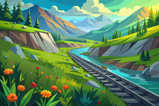 Idyllic mountain valley with a flowing river and railway line train tracks