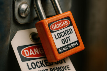 Vibrant orange lockout padlock and warning tag secure metal latch, serious symbol of industrial safety. This close up highlights danger and hazard prevention procedure
