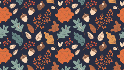 Seamless autumn foliage pattern with leaves, acorns and berries in warm seasonal colours on dark background
