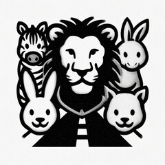 Obraz premium Safari animals on road icon, textured graphic, black and white, representing wildlife conservation and coexistence