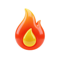 Glossy 3D flame icon with red, orange, yellow gradients and central droplet, vibrant stylized fire symbol for heat, passion, energy, alerts, trending content, and digital design PNG