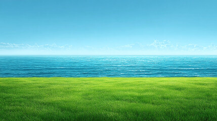A serene landscape featuring vibrant green grass transitioning to the turquoise of the sea and bright blue sky. Ideal for a tranquil vacation.