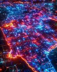 Aerial view of a glowing futuristic city at night with vibrant colors