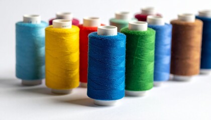 Assorted spools of thread in vibrant colors arranged on flat surface.