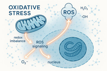 Scientific diagram of oxidative stress showing intracellular ROS signaling pathways. Mitochondria and nucleus part of redox imbalance concept and cell damage process