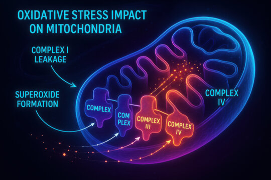 Biomedical illustration showing oxidative stress impact on mitochondria. futuristic neon glow highlights electron transport chain complexes, leakage, and superoxide formation
