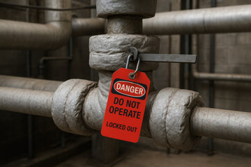 Industrial maintenance scenario shows steam pipe junction wrapped with insulated material. bright red danger tag on lockout bar serves as serious safety warning