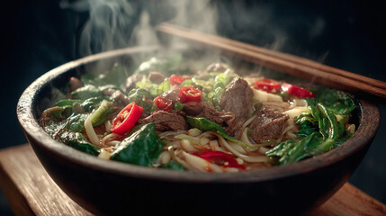 A wooden bowl with steaming beef noodle soup, garnished with red chili peppers and fresh green vegetables, accompanied by wooden chopsticks.