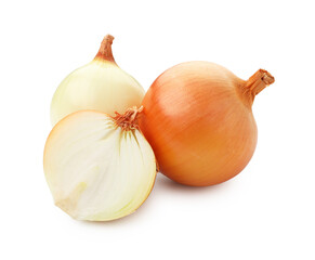 Whole and cut onions isolated on white