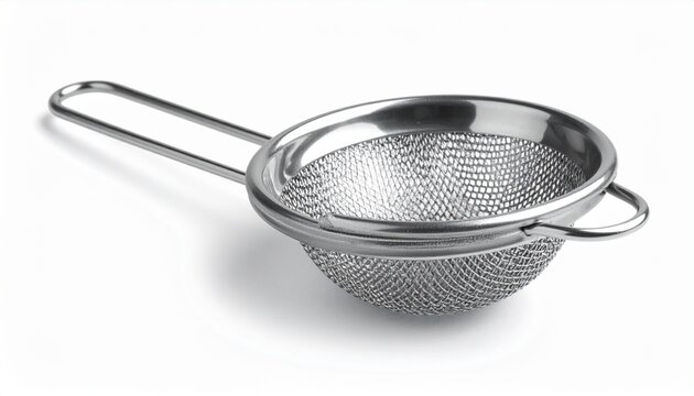 Metal mesh strainer with fine bowl, long handle, and loop grip on neutral background.