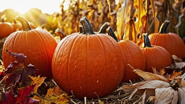 Autumn Harvest: Pumpkins in Golden Light - A cluster of bright orange pumpkins sits nestled among autumn leaves and dried corn stalks, basking in the golden sunlight.
