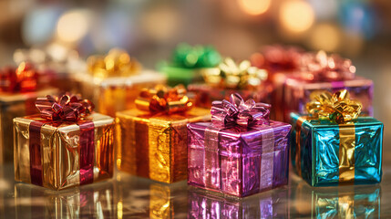 An array of colorful shiny presents with beautiful bows, sparkling under the bright light. The joy of the holiday season captured in one frame.