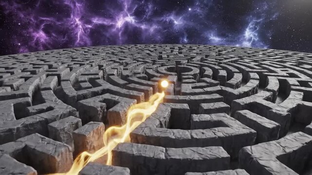 Glowing Path in Abstract Labyrinth - A gray stone labyrinth stretches across an abstract cosmic background, featuring a vibrant golden dot tracing a glowing path through the maze.