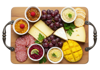 Gourmet charcuterie board with meats, cheeses, fruits, dips, and parsley, meticulously arranged on a rustic wooden board against a transparent background, gourmet party food concept
