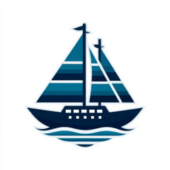  Sailboat icon, geometric minimalist style, representing sailing and marine adventure, in blue and white