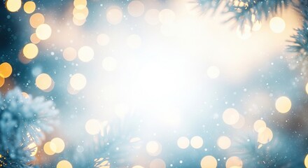 Enchanting winter holiday background with shimmering bokeh lights and frosted pine branches, creating a sparkling festive frame perfect for seasonal greetings and celebrations