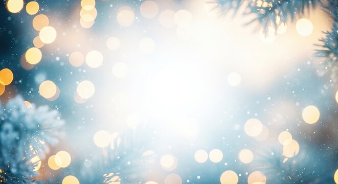 Enchanting winter holiday background with shimmering bokeh lights and frosted pine branches, creating a sparkling festive frame perfect for seasonal greetings and celebrations
