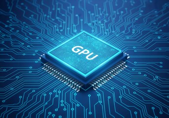 Close up of a glowing GPU chip on a digital circuit board background.