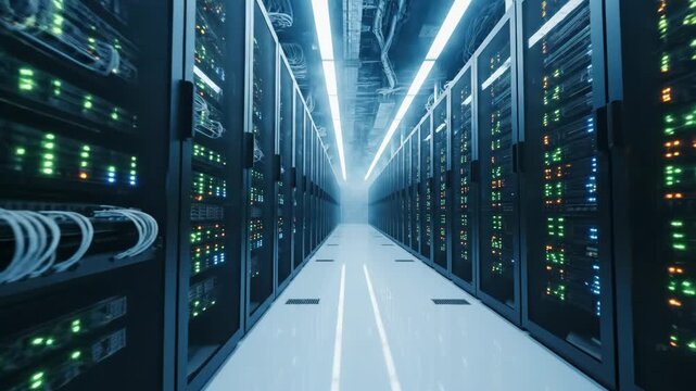 Data Center Server Room with LED Indicators - This video shows a corridor in a data center, with long rows of server racks lining both sides.