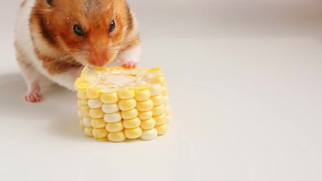 A red hamster approaches the corn and sniffs the food. A rodent eats corn grains on a light background. A pet chews a treat. Close-up. Muzzle of a gnawing hamster
