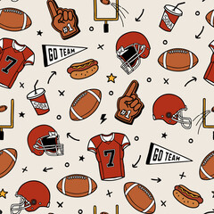 eamless American football pattern with helmets, jerseys, balls, foam fingers, pennants, snacks, and game icons. Perfect for sports themed designs, apparel, and prints.