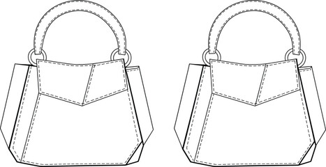 PrintWomen's structured geometric handbag fashion flat technical drawing template, top handle, flap closure, detailed stitching, accessories.
