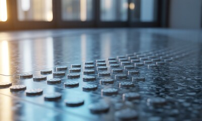 Close-up of tactile paving with raised circular markers, blurred background, sunlit interior