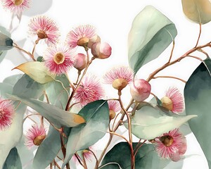 Delicate pink eucalyptus blossoms and soft green leaves
