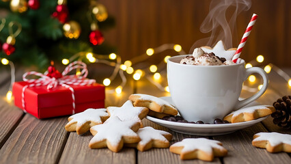 Cozy christmas scene with hot chocolate and star shaped cookies