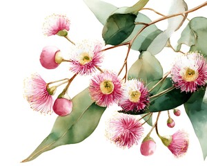 Delicate pink eucalyptus blossoms with green leaves watercolor painting