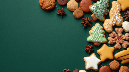 Festive assortment of christmas cookies and star anise arranged on a green background with space for text and decorations.