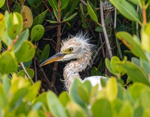 Immature Reddish Egret camouflaged amongst lush mangrove foliage in the tropics
