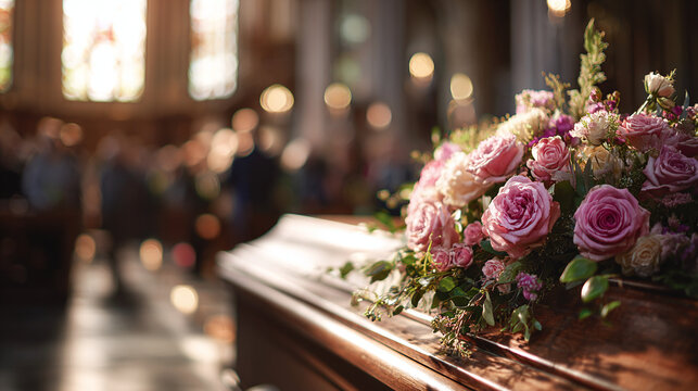 A touching floral arrangement graces the top of the coffin, with soft lighting and a serene atmosphere, the roses add beauty to a solemn occasion.