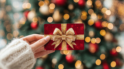Holding a festive gift card with a gold bow against a backdrop of sparkling holiday lights and a blurred Christmas tree, creating a joyful scene.