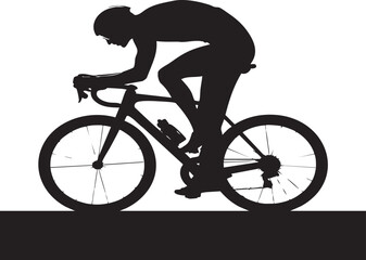 Naklejka premium A dark silhouette of a cyclist on a road bike, hunched low in an aerodynamic position, against a stark white backdrop.
