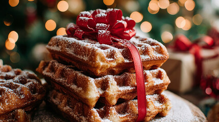 Festive waffles with powdered sugar and a red ribbon, perfect for a holiday treat. A delicious Christmas dessert or brunch idea.