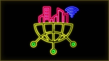 Neon city skyline connected through global digital network and wireless communication. - Powered by Adobe