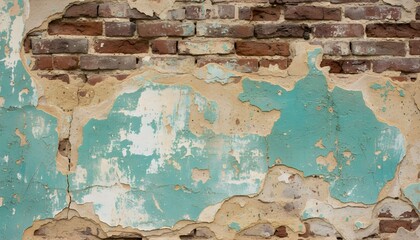 Close-up of a weathered brick wall with peeling turquoise paint.