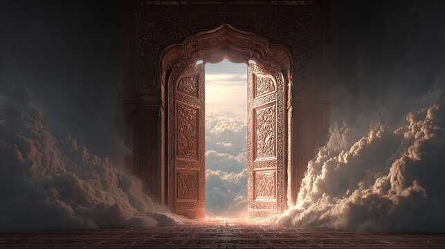 An ornate doorway opens into a realm of swirling clouds, bathed in ethereal light, leading towards an unknown destination, dreamlike in nature.