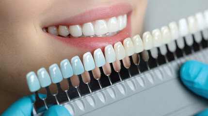 A person's smile is being checked against a shade guide for teeth whitening to find the perfect match. Achieving a brighter smile is easier.