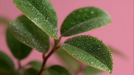 Fototapeta premium Close-up of lush green leaves covered in tiny, glistening water droplets, likely morning dew or rain, set against a vibrant pink background.