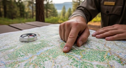 Park ranger reading map outdoors, compass beside. Park ranger points at location on detailed map, surrounded by scenic forest and lake. The park ranger studies map for better navigation in nature.