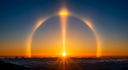 A sharp, sun pillar rising from the setting sun.