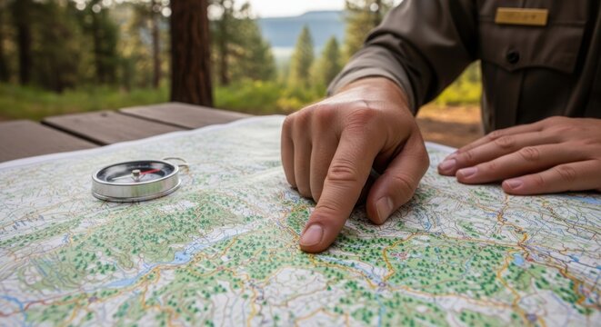 Park ranger reading map outdoors, compass beside. Park ranger points at location on detailed map, surrounded by scenic forest and lake. The park ranger studies map for better navigation in nature. - Powered by Adobe