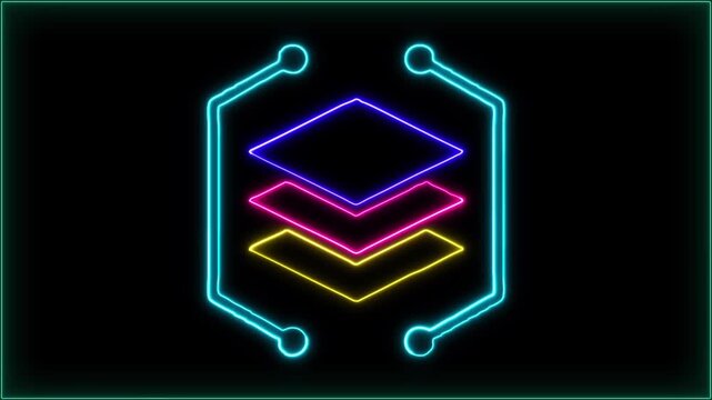 Glowing neon layered digital interface icon with glowing geometric stack representing data processing, multi-level technology.
