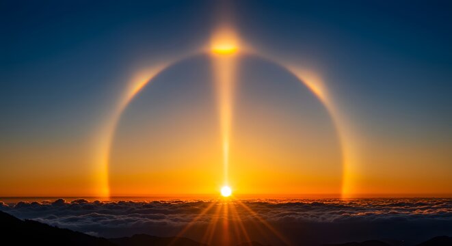 A sharp, sun pillar rising from the setting sun.